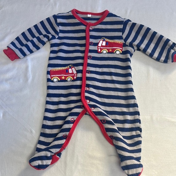 Pekkle - Blue and Red Footie Pajamas with fire truck Design - Picture 1 of 3